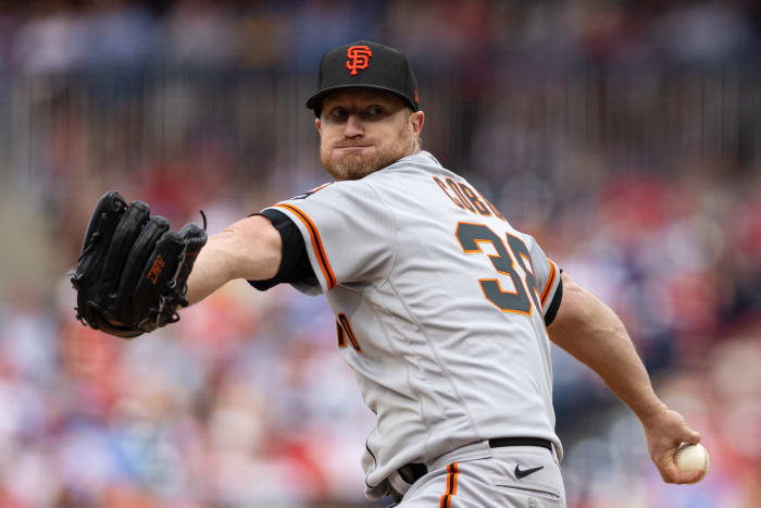 SF Giants starting pitcher Alex Cobb throws a pitch during the fifth inning against the Philadelphia Phillies at Citizens Bank Park on August 23, 2023.